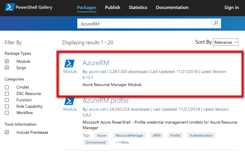 Screenshot of the PowerShell Gallery showing the results of a keyword search for the term 'AzureRM'. The AzureRM module is shown highlighted among the search results, to illustrate how to locate AzureRM from among the search results.